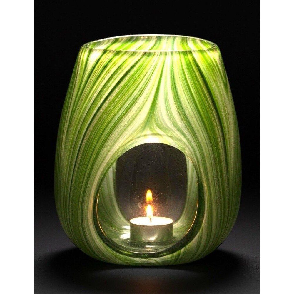 Hand Blown Art Glass Candle Holder Green White Swirl Gold Glitter 7” Tealight